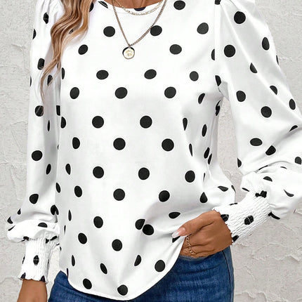 White Polka Dot Print Round Neck Frilled Long Sleeve Blouse