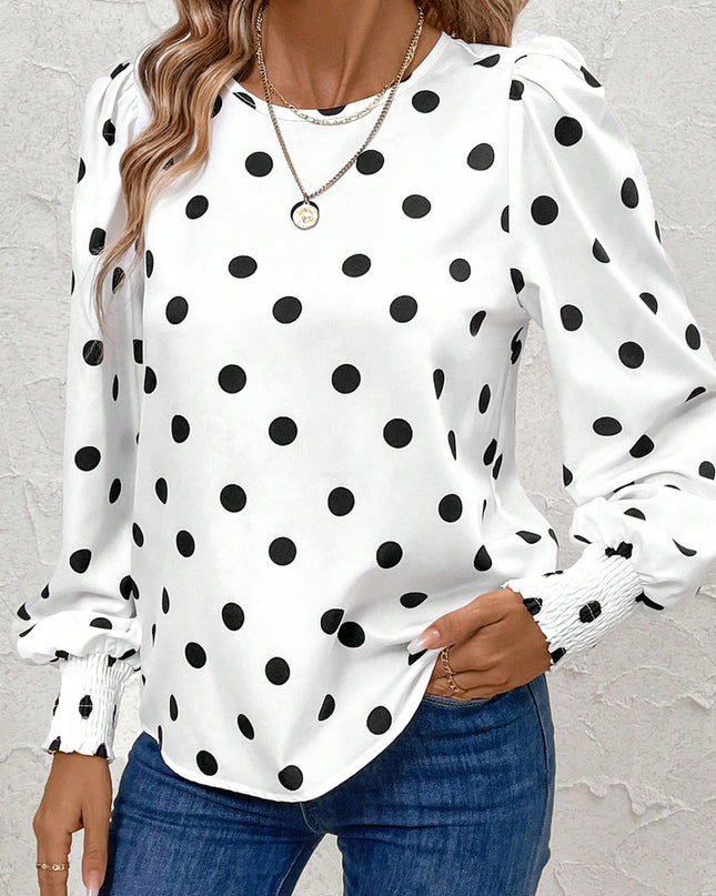 White Polka Dot Print Round Neck Frilled Long Sleeve Blouse