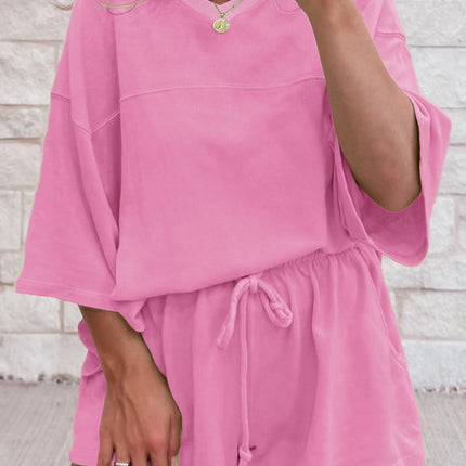 Meadow Mist Green Solid Loose V Neck Half Sleeve Tee and Shorts Set