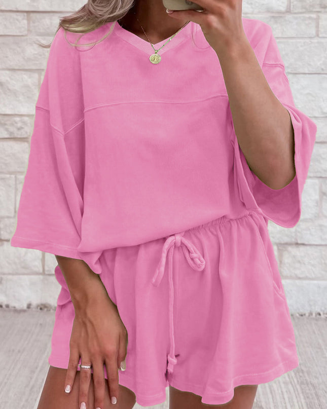 Meadow Mist Green Solid Loose V Neck Half Sleeve Tee and Shorts Set