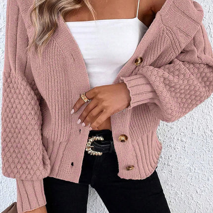 Goat Mixed Texture Knit Button V Neck Sweater Cardigan