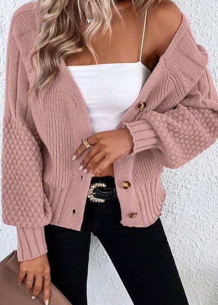 Goat Mixed Texture Knit Button V Neck Sweater Cardigan