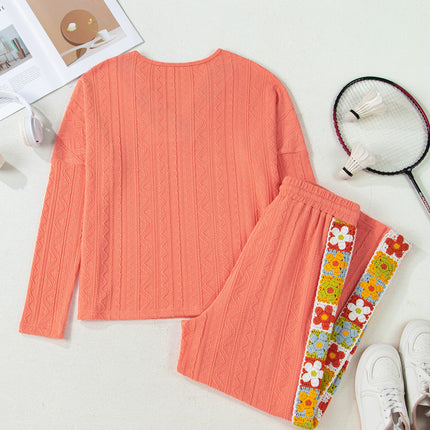 Grapefruit Orange Crochet Floral Accent V Neck Textured Pants Set
