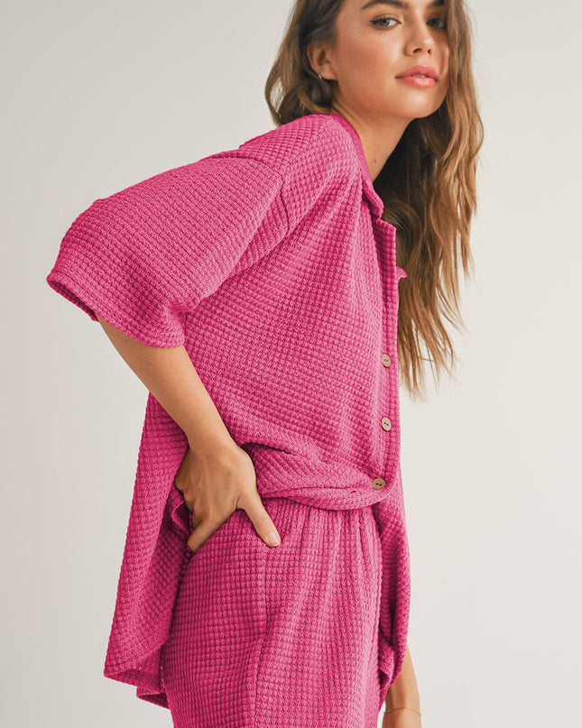 Rose Red Solid Color Textured Buttoned Shirt and Casual Pants Set