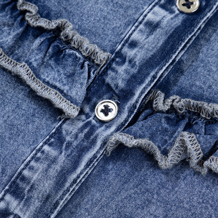 Dusk Blue Vintage Wash Denim Ruffle Detail Button Down Shirt