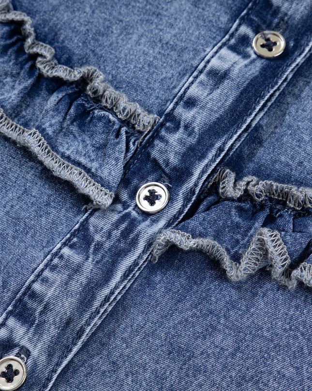 Dusk Blue Vintage Wash Denim Ruffle Detail Button Down Shirt