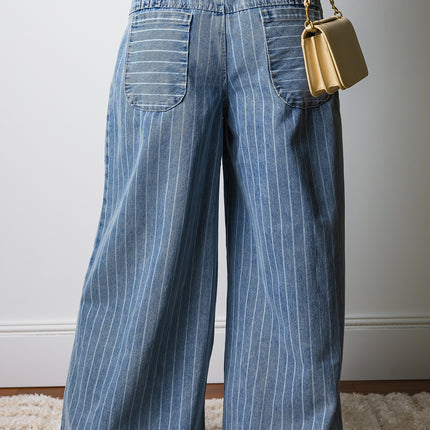 Sky Blue Stripe Button Pleated Drawstring Waist Casual Wide Leg Jeans