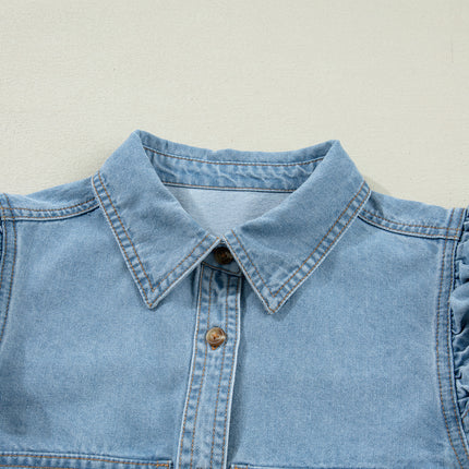 Myosotis Ruffle Detail Short Puff Sleeve Button Down Flap Pocket Denim Shirt
