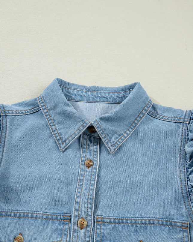 Myosotis Ruffle Detail Short Puff Sleeve Button Down Flap Pocket Denim Shirt