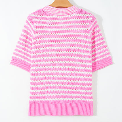 Pink Stripe Short Sleeve Knit V Neck Bow Knot Sweater