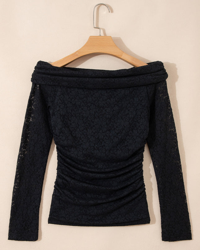 Black Floral Lace Off-shoulder Long Sleeve Slim Top