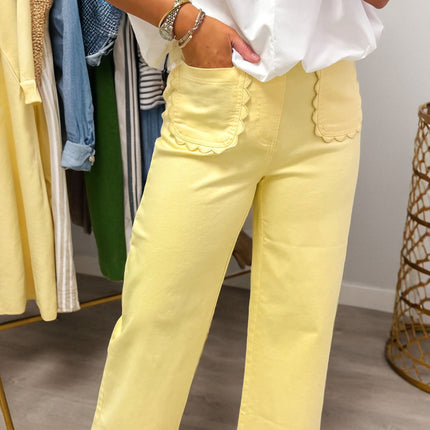 White Scalloped Patch Pocket Jeans