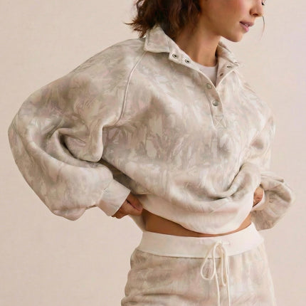 White Abstract Woodland Print Balloon Sleeve Pullover Drawstring Mini Skort Set