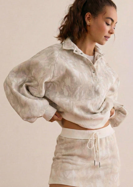 White Abstract Woodland Print Balloon Sleeve Pullover Drawstring Mini Skort Set