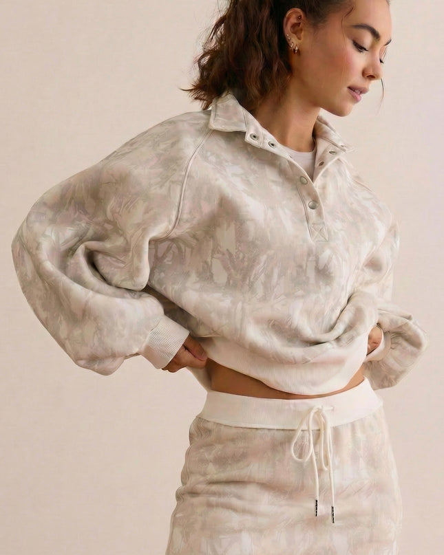 White Abstract Woodland Print Balloon Sleeve Pullover Drawstring Mini Skort Set