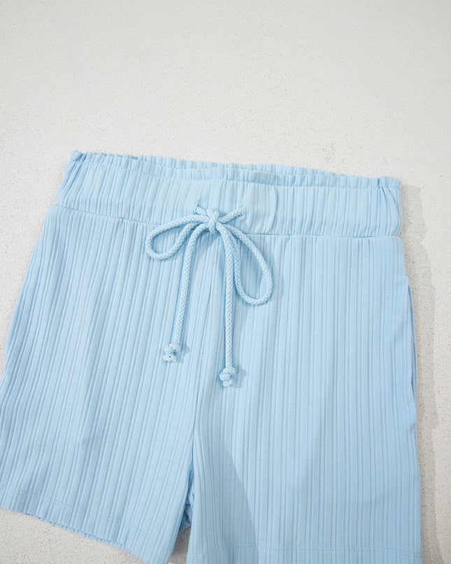 Gossamer Pink Ribbed Button V Neck Tank Top and Shorts Set