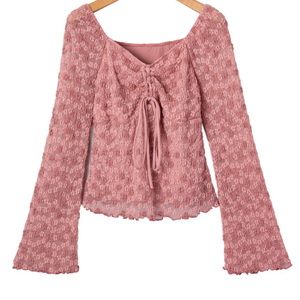 Peach Blossom Drawstring Knot Detail Floral Lace Blouse