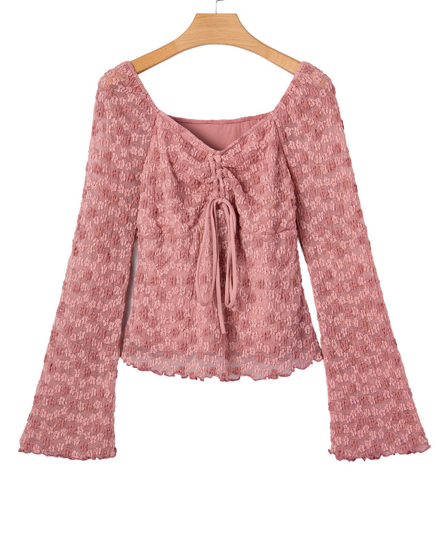 Peach Blossom Drawstring Knot Detail Floral Lace Blouse