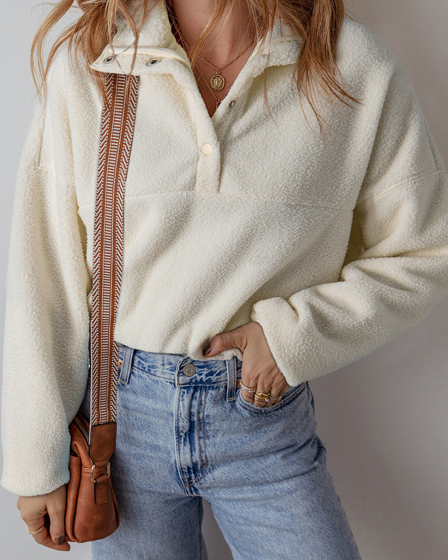 White Fleece Placket Turn-down Collar Drop Shoulder Sweatshirt