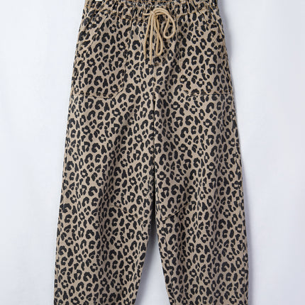 Khaki Leopard Print Drawstring Elastic Waist Loose Denim Pants with Pockets