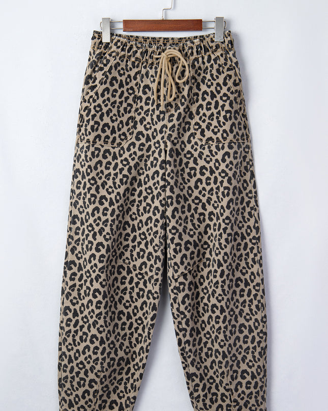 Khaki Leopard Print Drawstring Elastic Waist Loose Denim Pants with Pockets
