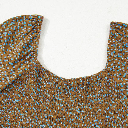 Brown Floral Print Western Smocked Bodice Square Neck Wide Leg Jumpsuit