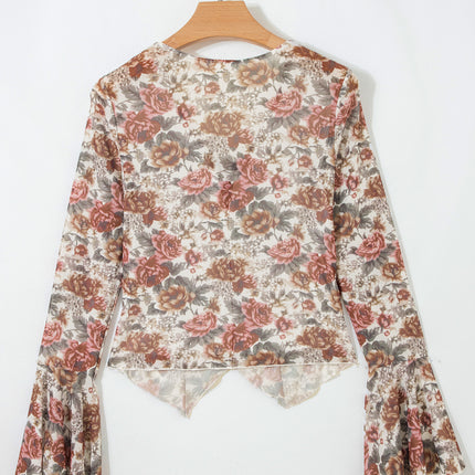 Red Floral Print Stitched Detail Tie V Neck Long Bell Sleeve Blouse