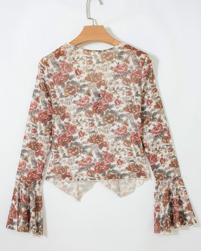 Red Floral Print Stitched Detail Tie V Neck Long Bell Sleeve Blouse