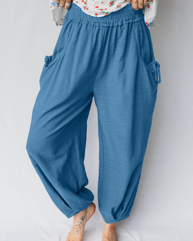 Prussian Blue Smocked Waist Casual Jogger Style Pants
