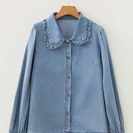 Beau Blue Ruffled Peter Pan Collar Western Denim Shirt