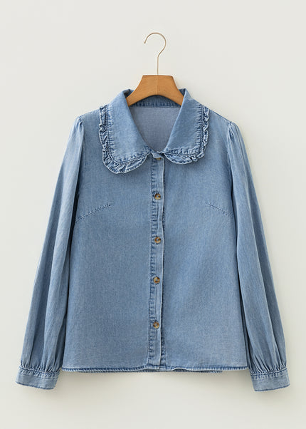 Beau Blue Ruffled Peter Pan Collar Western Denim Shirt