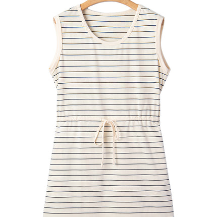 Beige Stripe Drawstring Tunic Tank Mini Dress with Pockets