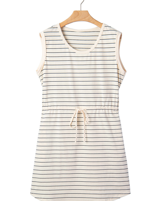 Beige Stripe Drawstring Tunic Tank Mini Dress with Pockets
