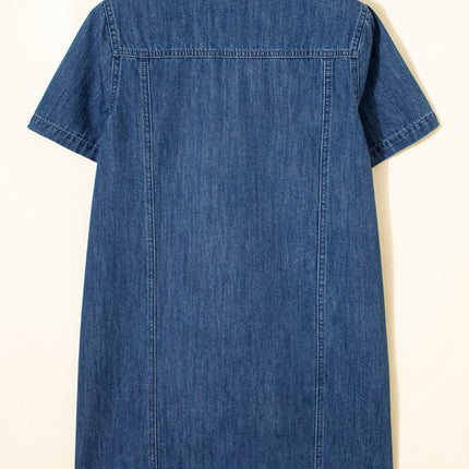 Blue Zip up Collared Short Sleeve Shift Mini Denim Dress