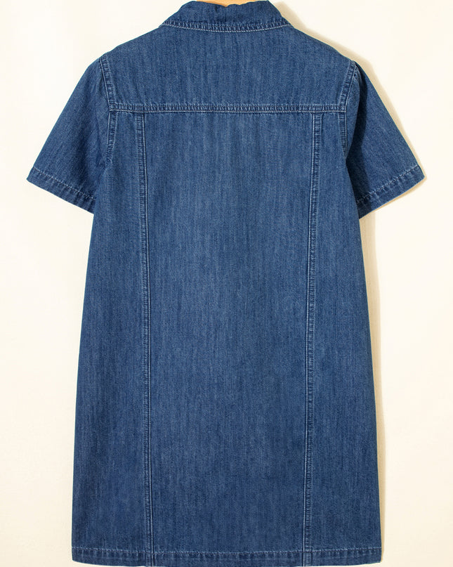 Blue Zip up Collared Short Sleeve Shift Mini Denim Dress