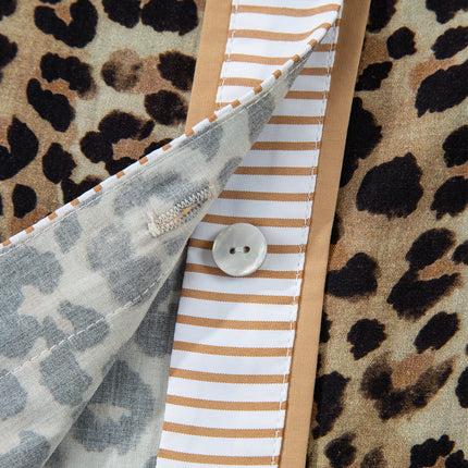 Khaki Contrast Striped Trim V Neck Leopard Shirt