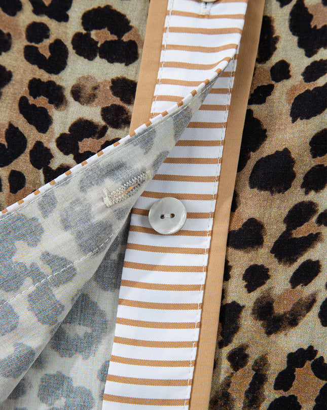 Khaki Contrast Striped Trim V Neck Leopard Shirt