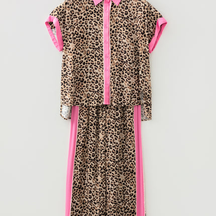 Brown Contrast Trim Leopard Top and Pant Set