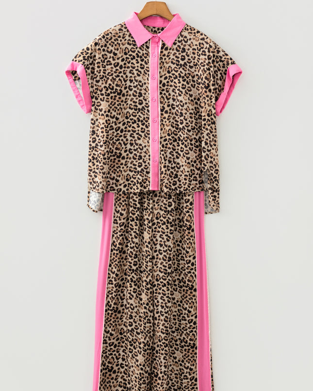 Brown Contrast Trim Leopard Top and Pant Set