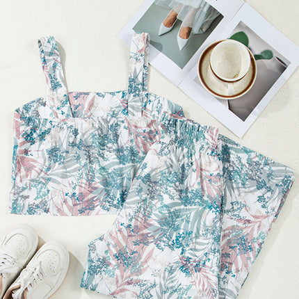Green Tropical Palm Printed Cropped Tank Drawstring Wide Leg Pant Set