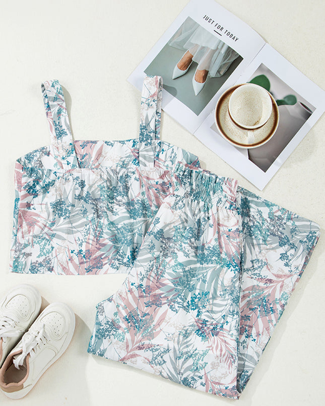 Green Tropical Palm Printed Cropped Tank Drawstring Wide Leg Pant Set