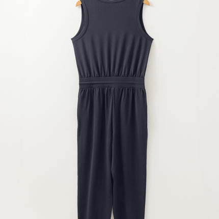 Black Casual Tank Style Tie Waist Pocketed Jogger Jumpsuit