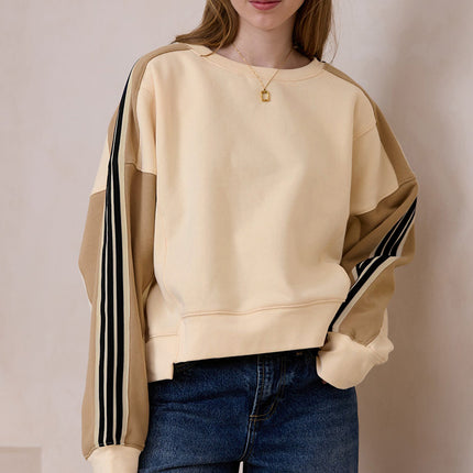 Beige Contrast Striped Patchwork Drop Shoulder Loose Sweatshirt