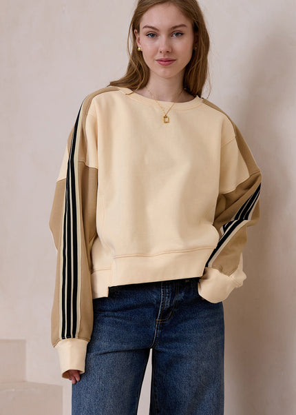 Beige Contrast Striped Patchwork Drop Shoulder Loose Sweatshirt