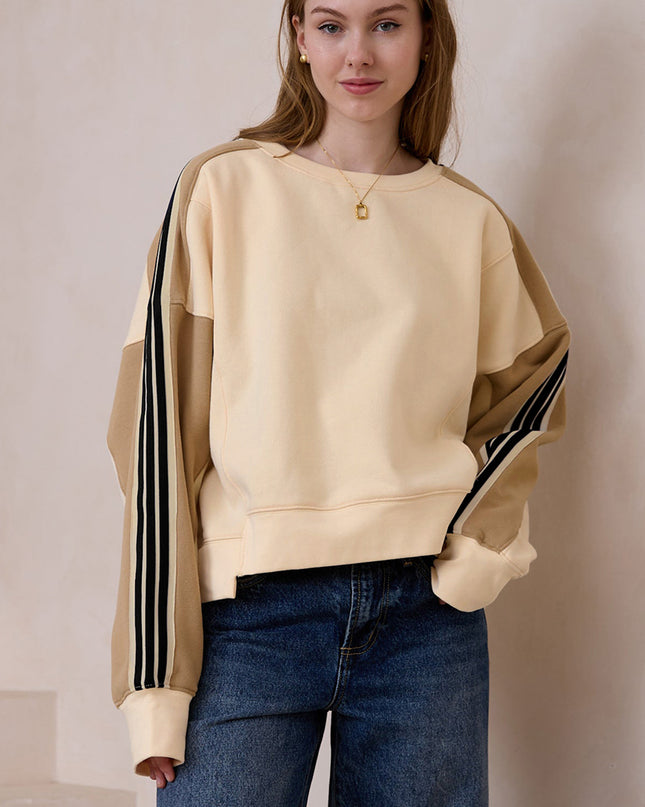 Beige Contrast Striped Patchwork Drop Shoulder Loose Sweatshirt