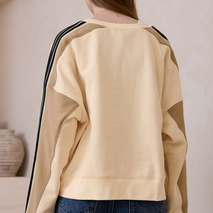 Beige Contrast Striped Patchwork Drop Shoulder Loose Sweatshirt