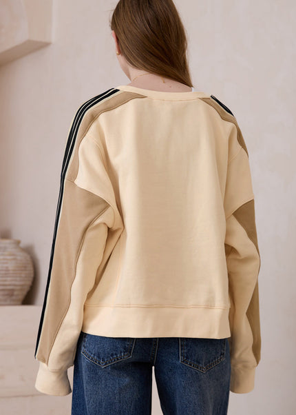 Beige Contrast Striped Patchwork Drop Shoulder Loose Sweatshirt