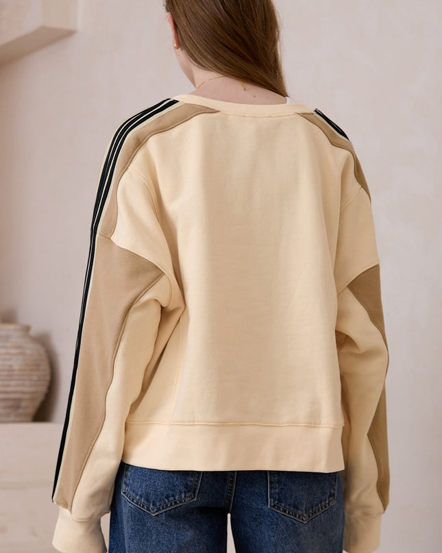 Beige Contrast Striped Patchwork Drop Shoulder Loose Sweatshirt