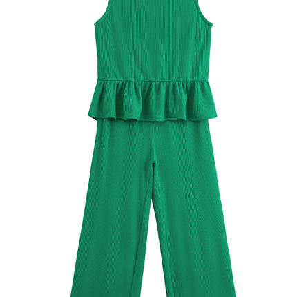 Beau Blue Solid Color Ribbed Ruffle Tank Top and Pants Set