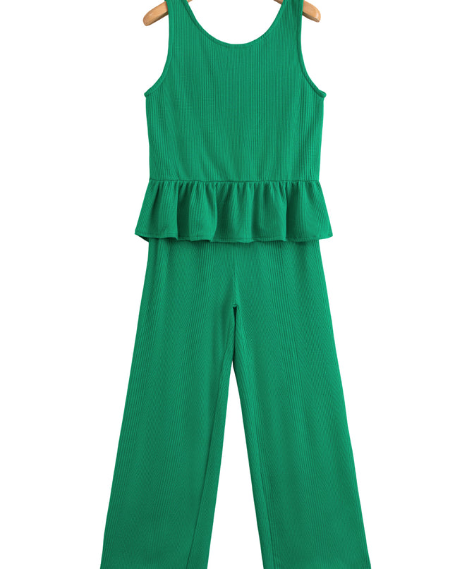 Beau Blue Solid Color Ribbed Ruffle Tank Top and Pants Set